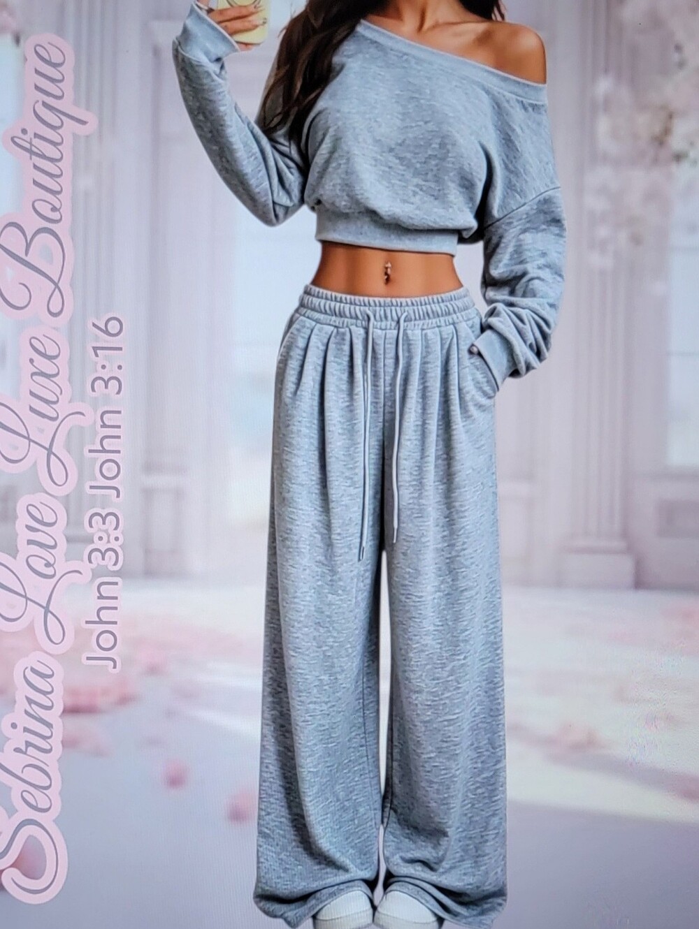 Cute Cozy Gray Cropped Sweatshirt & Wide-Leg Jogger Loungewear Set